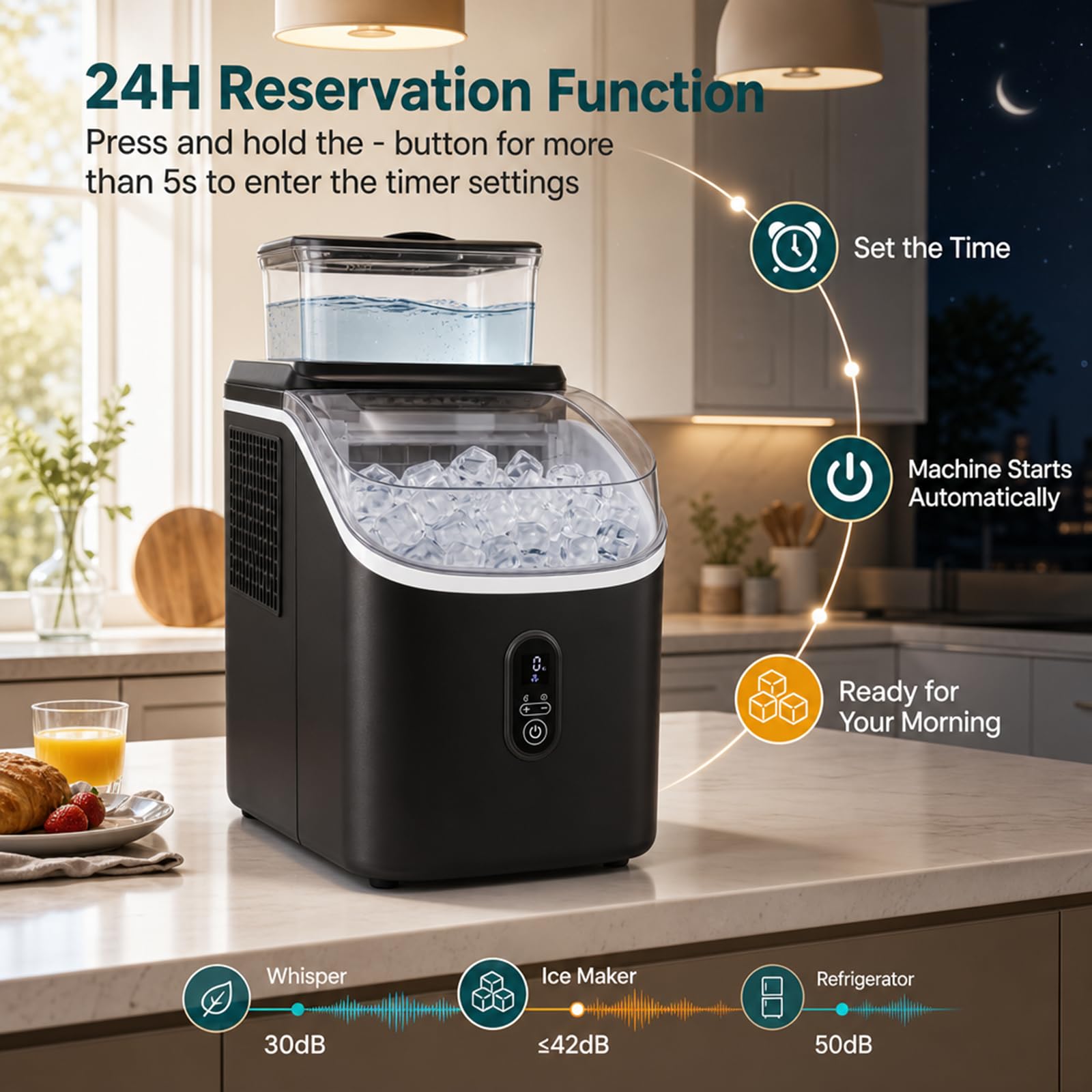 LIFEZEAL Máquina de Hielo 15kg/24h Silenciosa Ajustable (Negro) | Fabrica 16 Cubitos en 13 min, 13 Grosores, Autolimpieza, Temporizador 24h, Uso Doméstico Portátil, Cocina, Oficina