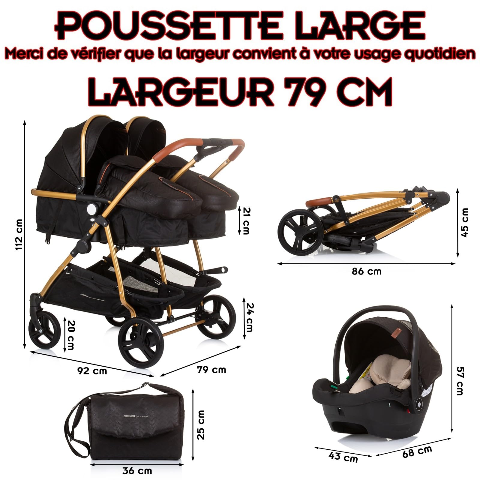 DUO SMART - Passeggino gemelli o bambini stretti, larghezza 79 cm, nero + 2 accoglienti neri