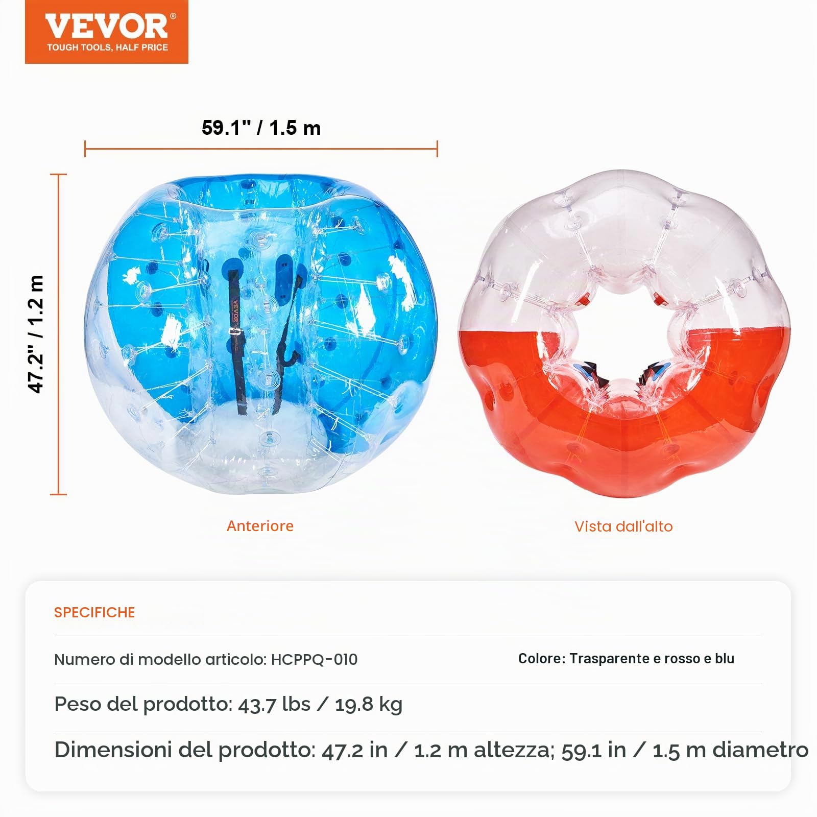 VEVOR Confezione da 2 palline gonfiabili Sumo Zorb da 1,5 m, per adolescenti e adulti, 0,8 mm di spessore, in PVC, per criceti umani, per giochi di squadra all'aperto, giochi di squadra, giocattoli