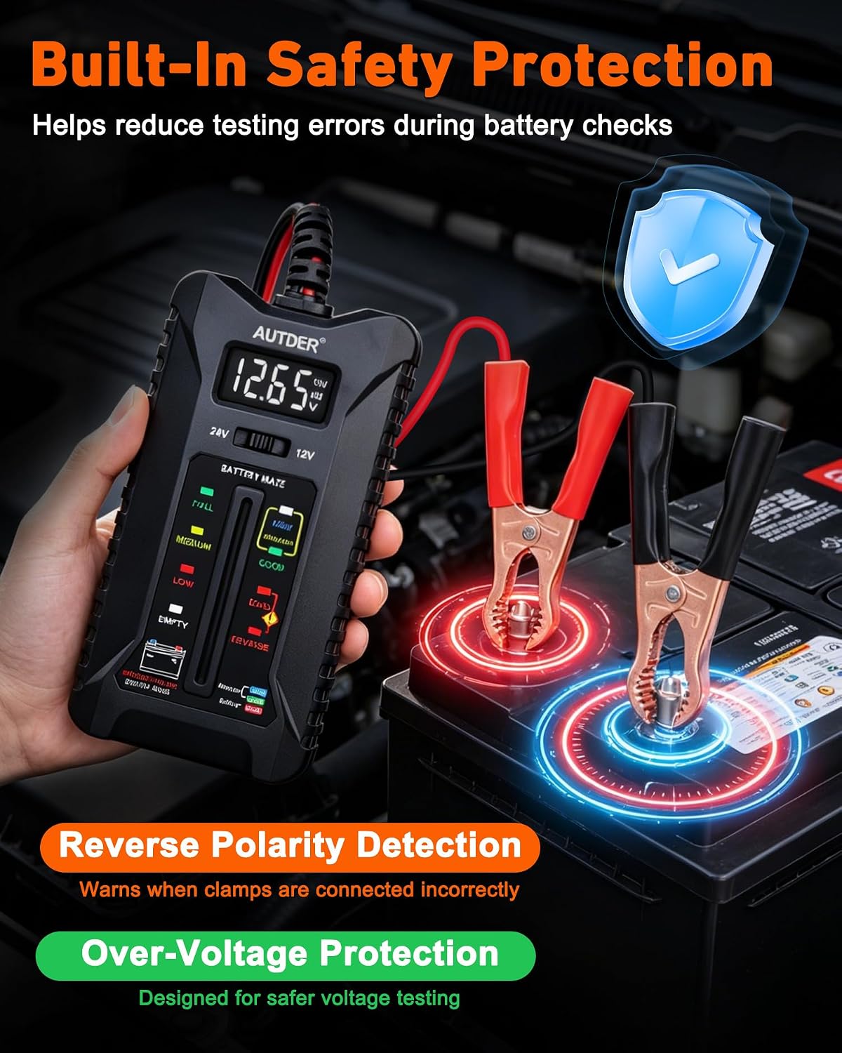 AUTDER 12V/24V Car Battery Tester, Digital Battery & Alternator Tester with LCD Display and LED Indicators, Automotive Voltage Analyzer with Reverse Protection for Cars, Motorcycles, RVs, Trucks
