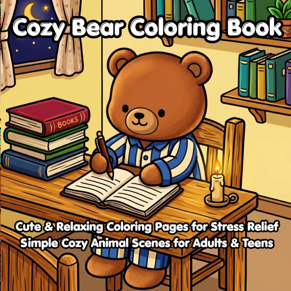 Cozy Bear Coloring Book: Cute & Relaxing Coloring Pages for Stress Relief | Simple Cozy Animal Scenes for Adults & Teens