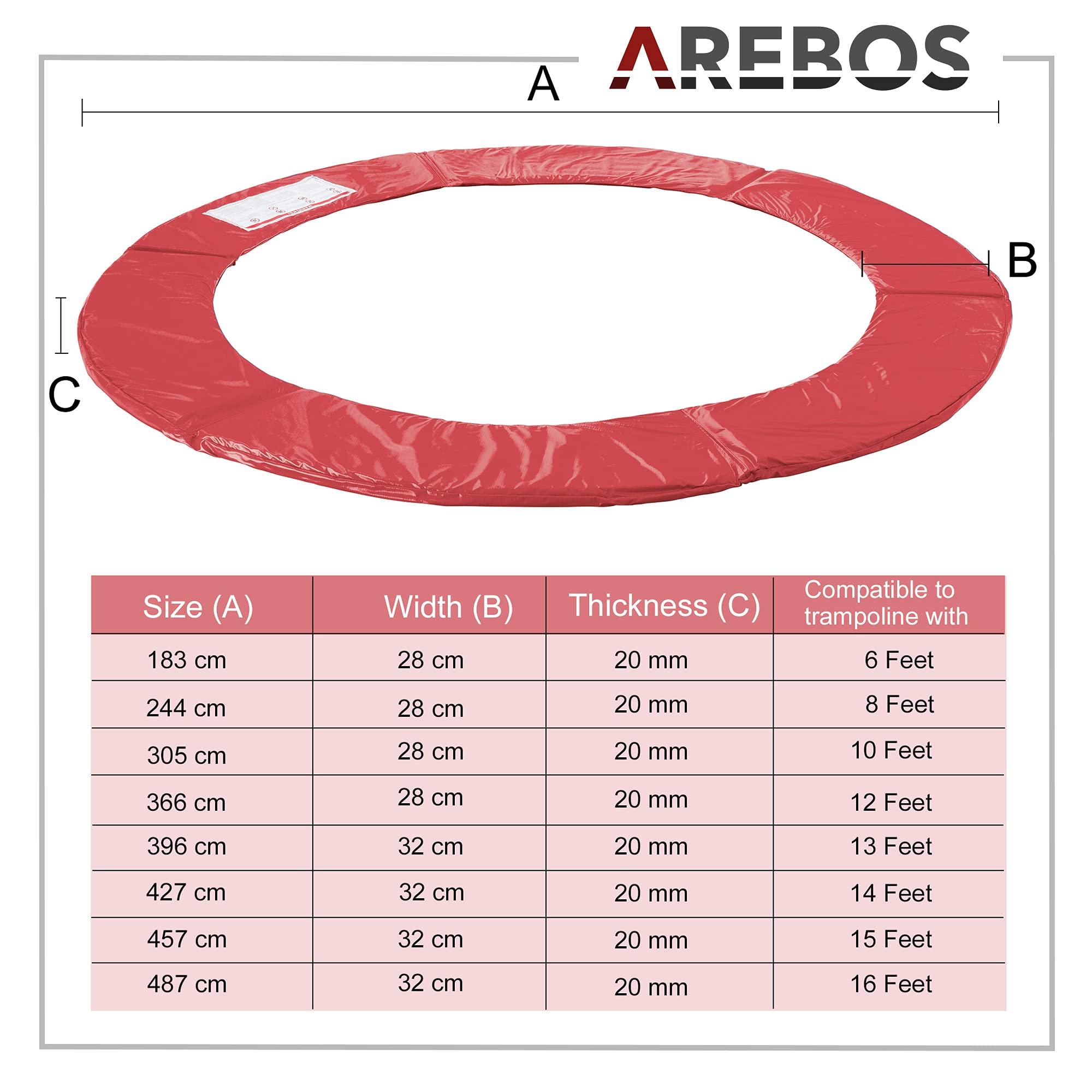 Arebos Copertura per trampolino / 183, 244, 305, 366, 396, 427, 457 o 487 cm/rosso