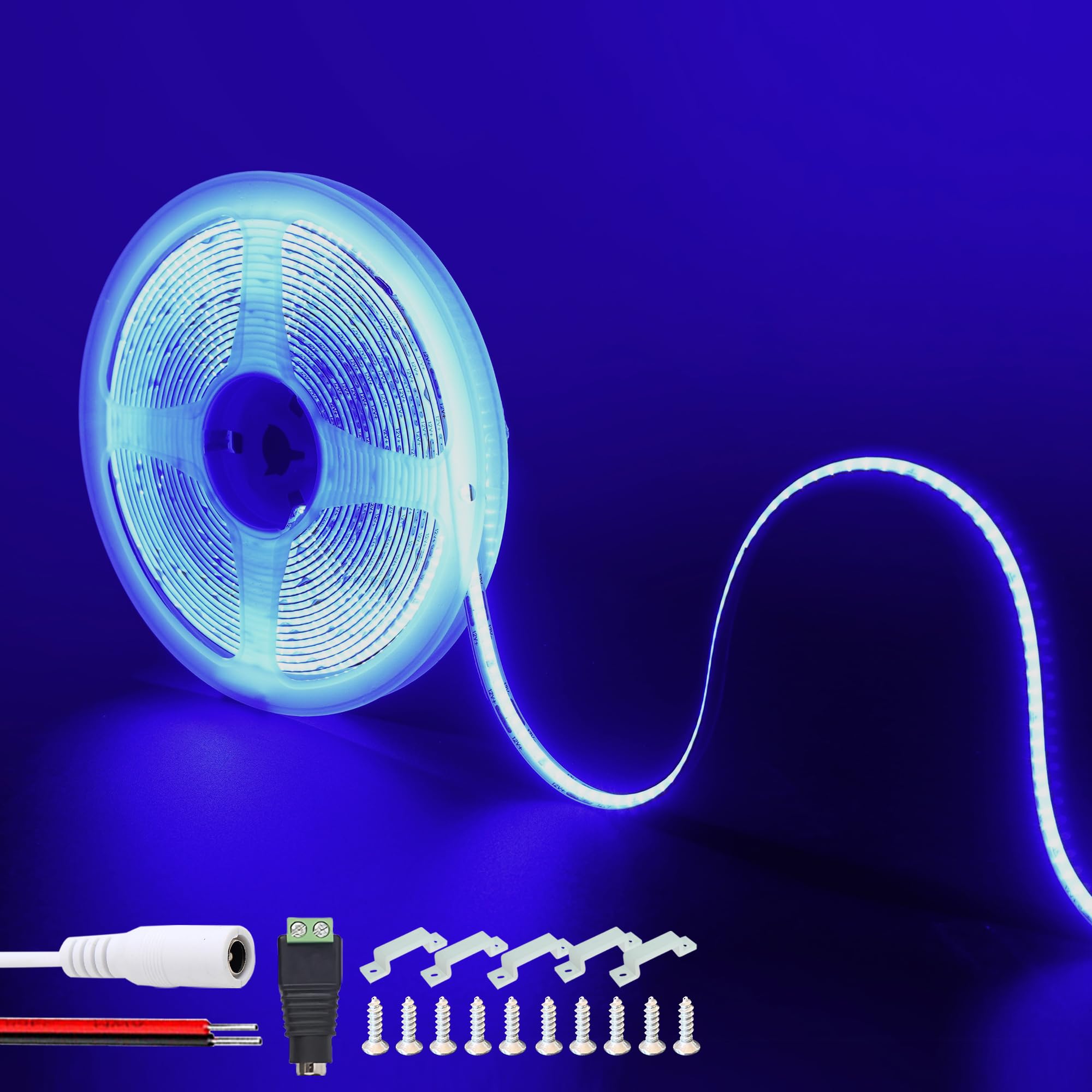 Clearhill Women's Blue 12V Cob Led Strip Lights 16.4Ft/5M(No Power Supply),,320Leds/M,With 5521Dc And Red And Black Wire Connectors,8Mm Width,Ip20,For Diy Home Indoor Decoration