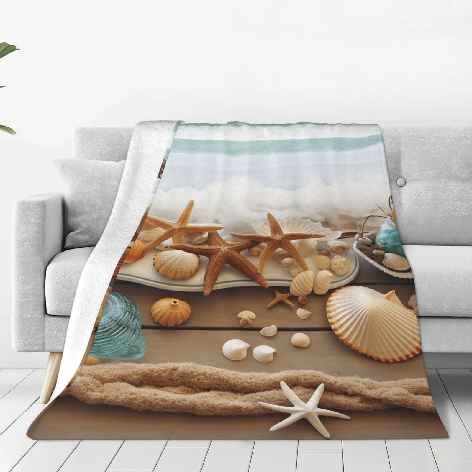 Ocean Beach Theme Throw Blanket for Couch, Plush Fuzzy Soft Flannel Blankets and Throws for Sofa, 60"x50" Bed Blankets for Travel Camping Chair, All Season Warm Fleece Blanket