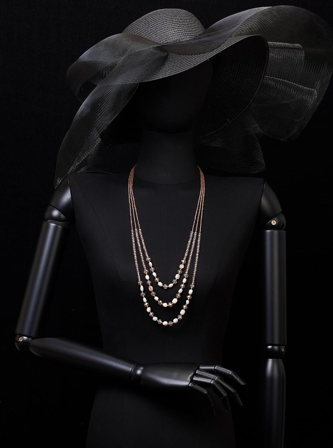 COOLSTEELANDBEYOND Long Chain Statement Necklace, Champagne Crystal Beads Three-Strand, Layered Necklace - Image 2