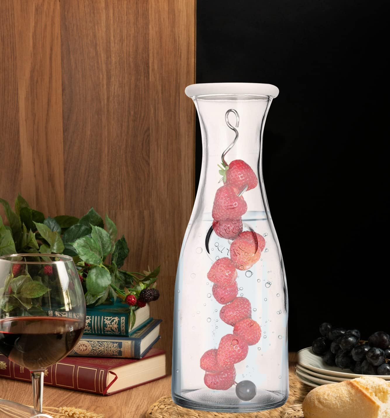 Glass Carafe with Lids and Stainless Steel Fruit Skewer for Mimosa Bar 34 oz Capacity. 4 Lids! Bedside Water Carafe, Orange Juice Container, Catering Drink Carafes & Pitchers for Parties