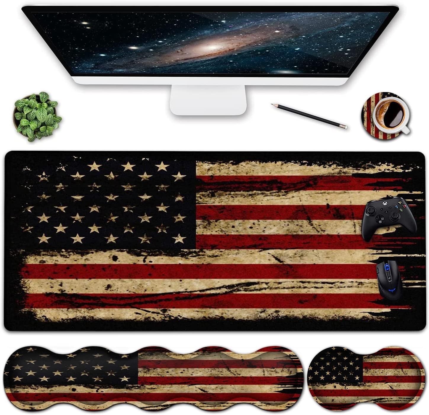 Mouse Pad Wrist Support Set, Extended Gaming Mouse Pad and Ergonomic Memory Foam Keyboard Wrist Rest for Office,Home, XXL Waterproof Writing pad Large Desk Pad, Vintage American Flag Mouse Mat