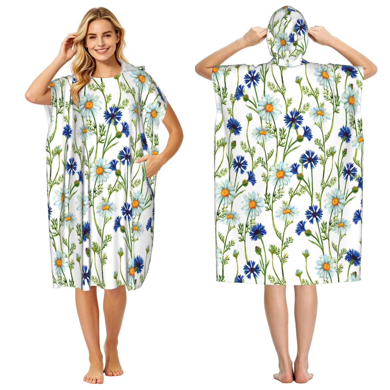 Poadnly Watercolor Chamomiles Cornflowers, Adult Hooded Beach Towel 90 x 110 cm,Changing Bath Robe, Surf Poncho Towel For Women Men