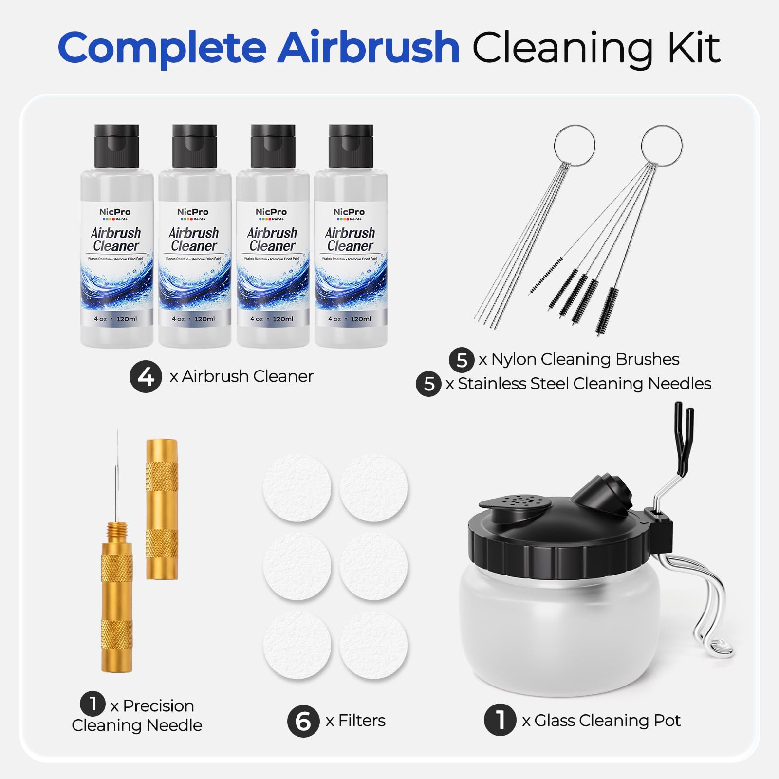 Nicpro Kit di Pulizia per Aerografo, 4 x 120 ml Pulitore per Aerografo con Contenitore in Vetro per Pulizia, Pulisce Facilmente Vernici ad Acqua e Acriliche per Aerografi e Strumenti Artistici