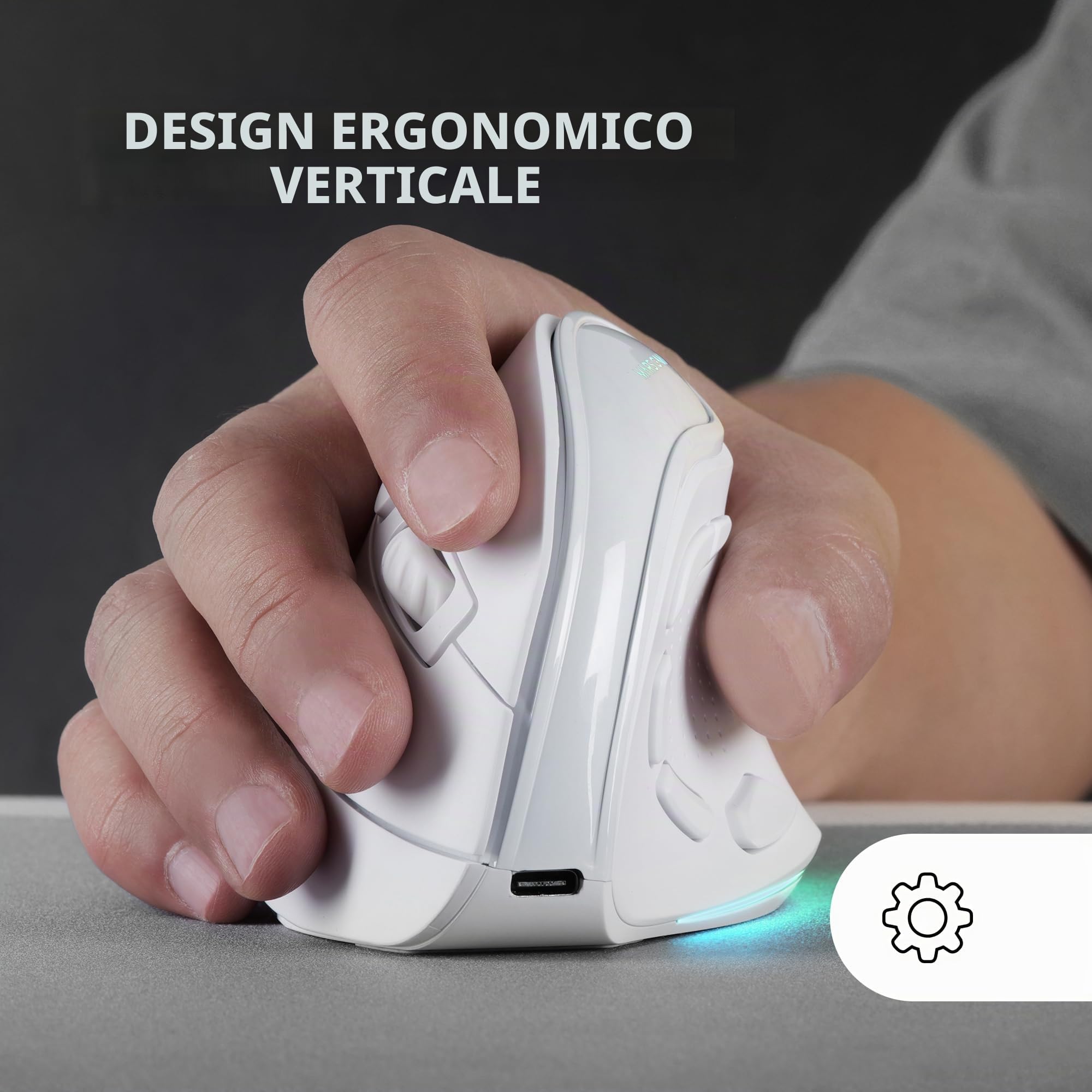 Mars Gaming MM-SK, Mouse Gaming Wireless Verticale, Design Ergonomico, Illuminazione RGB Chroma, Sensore Ottico Pixart 8400DPI, Switch Meccanici Huano, 9 Pulsanti Programmabili, Mouse Tri-Mode, Bianco