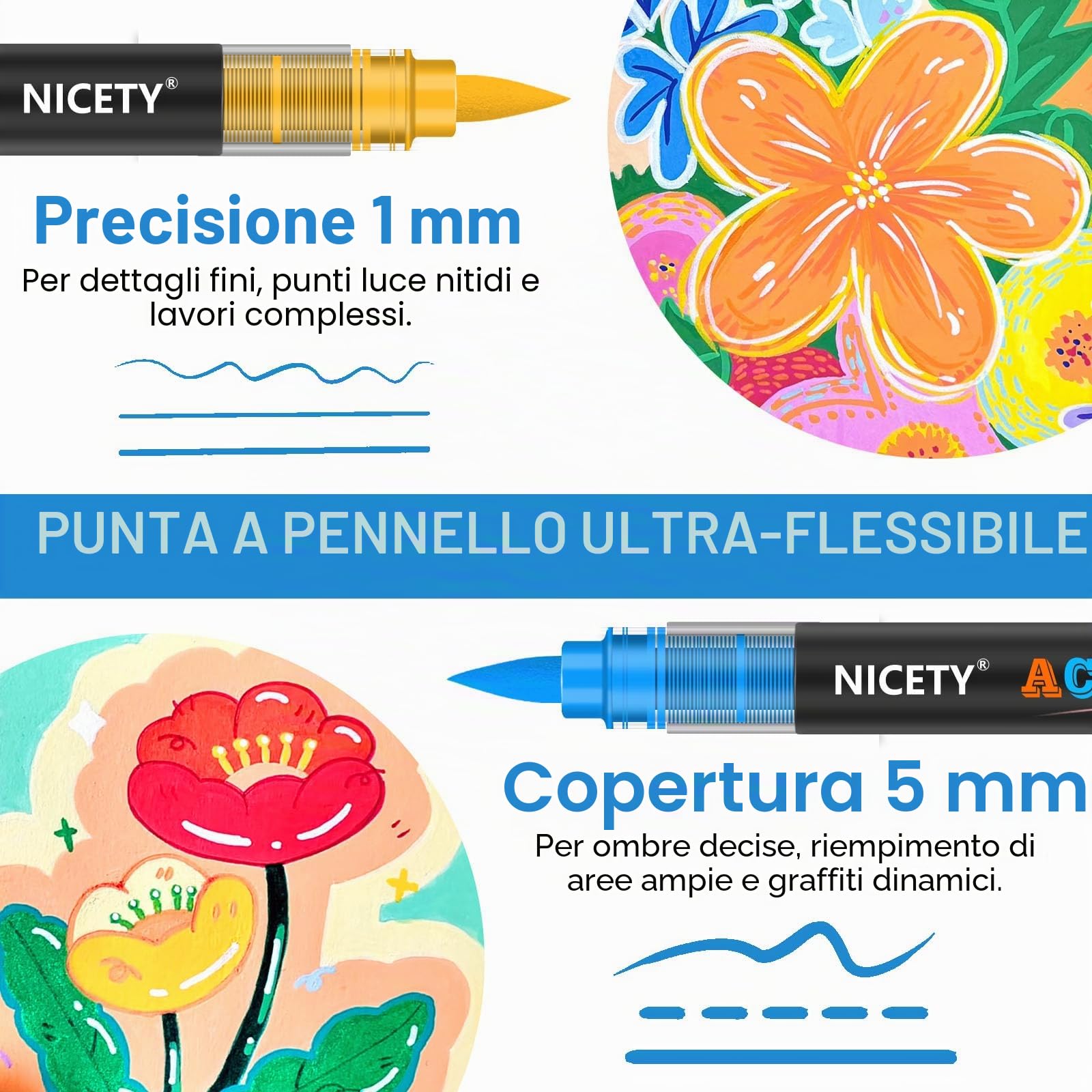 NICETY 264 Pen Acrilici Punta Pennello - Marcatori Base Acqua per Vetro Ceramica Legno Pietra - Non Tossici - Kit per Artisti e DIY