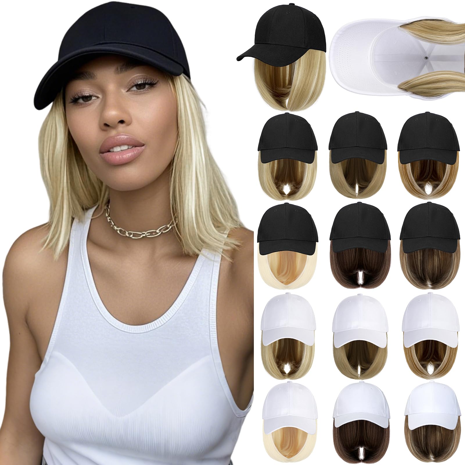 Qlenkay Baseball Cap with Hair 14in Short Hairstyle Straight Bob Non-detachable Adjustable Black Hat Wig Attached Ginger Brown Mix Bleach Blonde