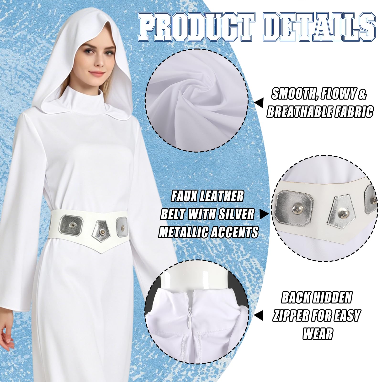 nezafly Princess Costume Women White Dress Hooded Robe with Belt Halloween Carnival Outfits Set for Adults - Image 3