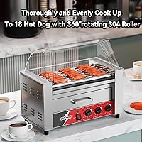 Vista 3 de CROSSON Hot Dog 7 Roller with Bun Warmer&Transparent Sneeze Guard,Commercial 7 Nonstick 304 Roller Grill Cooker Machine