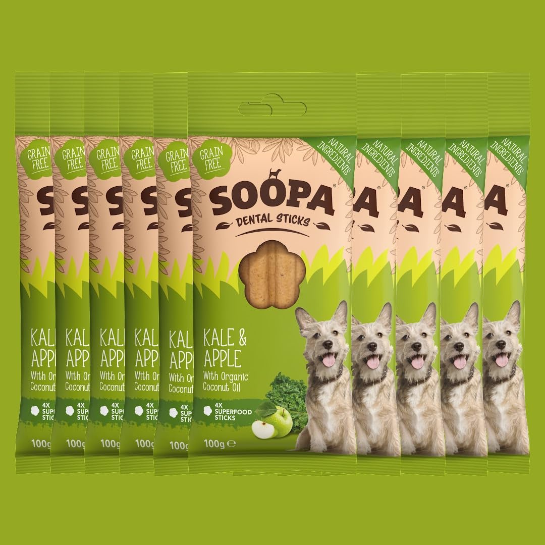 10 Pack Soopa Kale & Apple Natural Dog Dental Sticks, green, 100 g (Pack of 10)