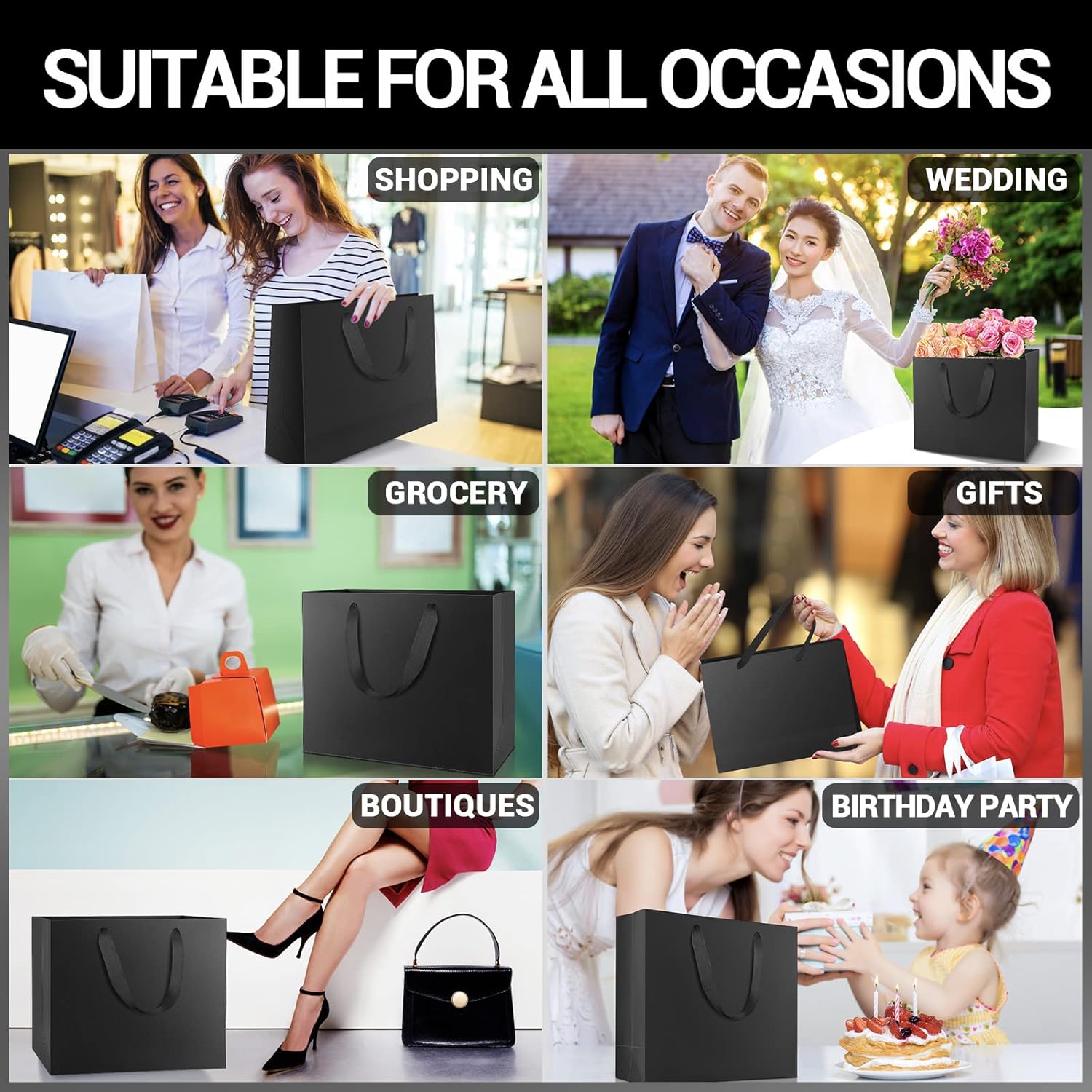 EUSOAR Large Gift Wrap Bags Bulk, 50 Pack 12.5x4.5x11 inches Black Paper Bags with Handles, Heavy Duty Totes for Wedding, Grocery, Boutique, Retail, Business, Party Favors, Baby Showers, Birthdays - Image 5