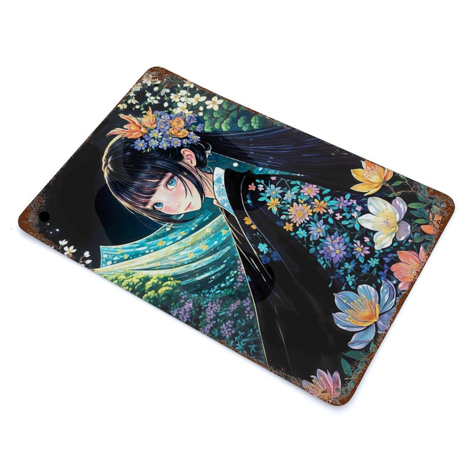 Rusty Metal Tin Sign with Anime Girl in Kimono Design 11.8"x7.9", for Farmhouse, Kitchen And Entryway Decor, Rustic Home Decor