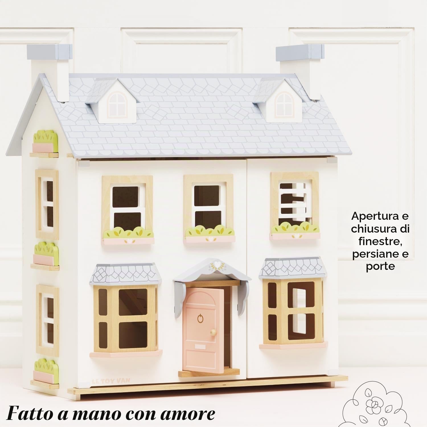 Le Toy Van Casa delle bambole Mayberry Manor in legno certificato FSC, 3 anni, per bambina, 2 piani, l 59 x p 35 x h 68 cm, con scala interna, finestre e porte apribili, gioco Montessori | Casa delle bambole in legno sostenibile, a partire dai 3 anni, leg