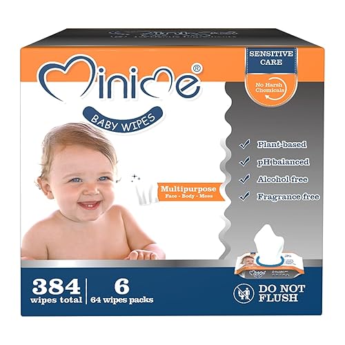 Minime Toallitas para bebé Sensitive Care, 99% agua, sin perfume, hipoalergénicas, 6 paquetes abatibles (384 toallitas en total)