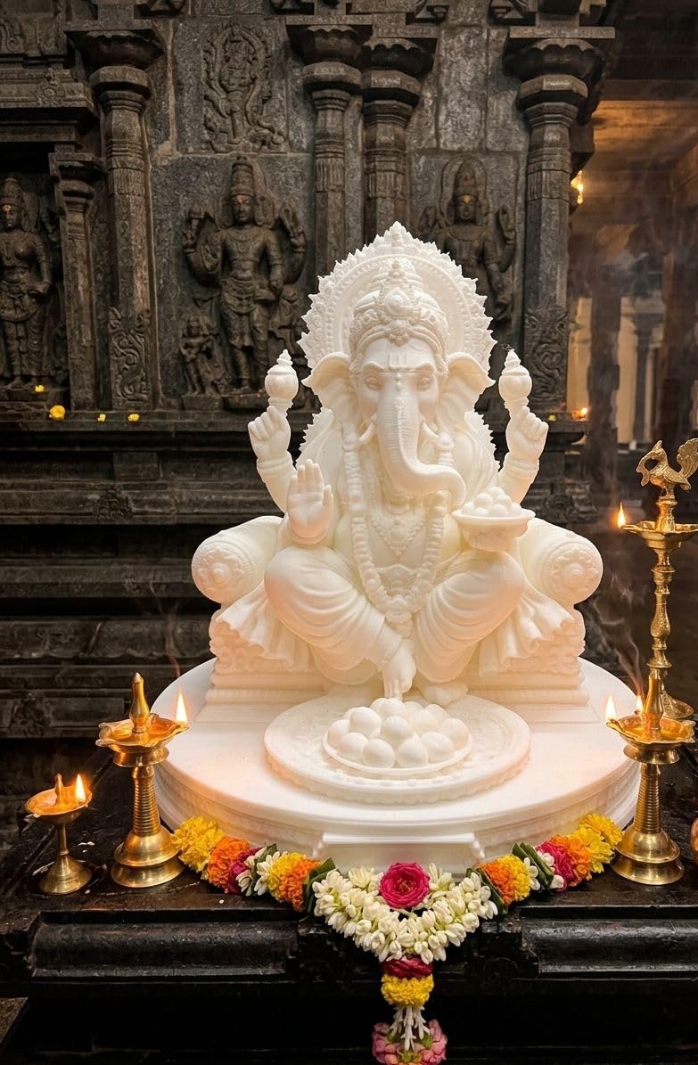 Durable Polymer Lord Ganesha Statue - Vinayaka Ganpati Idol on Singhasan - Shatterproof Religious Figurine for Home Mandir, Office, and Gifting - 16 cm (White)-image-39