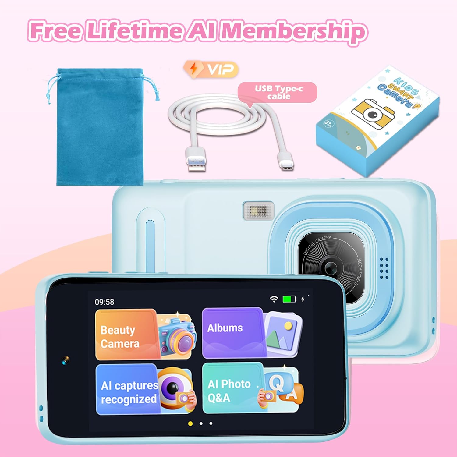 AI Kids Camera for 3–11 Year Old Boys and Girls, AI Learning Digital Video Camera with with Object Recognition, Best Birthday, WiFi Kids Toy Camera 16GB(Blue)