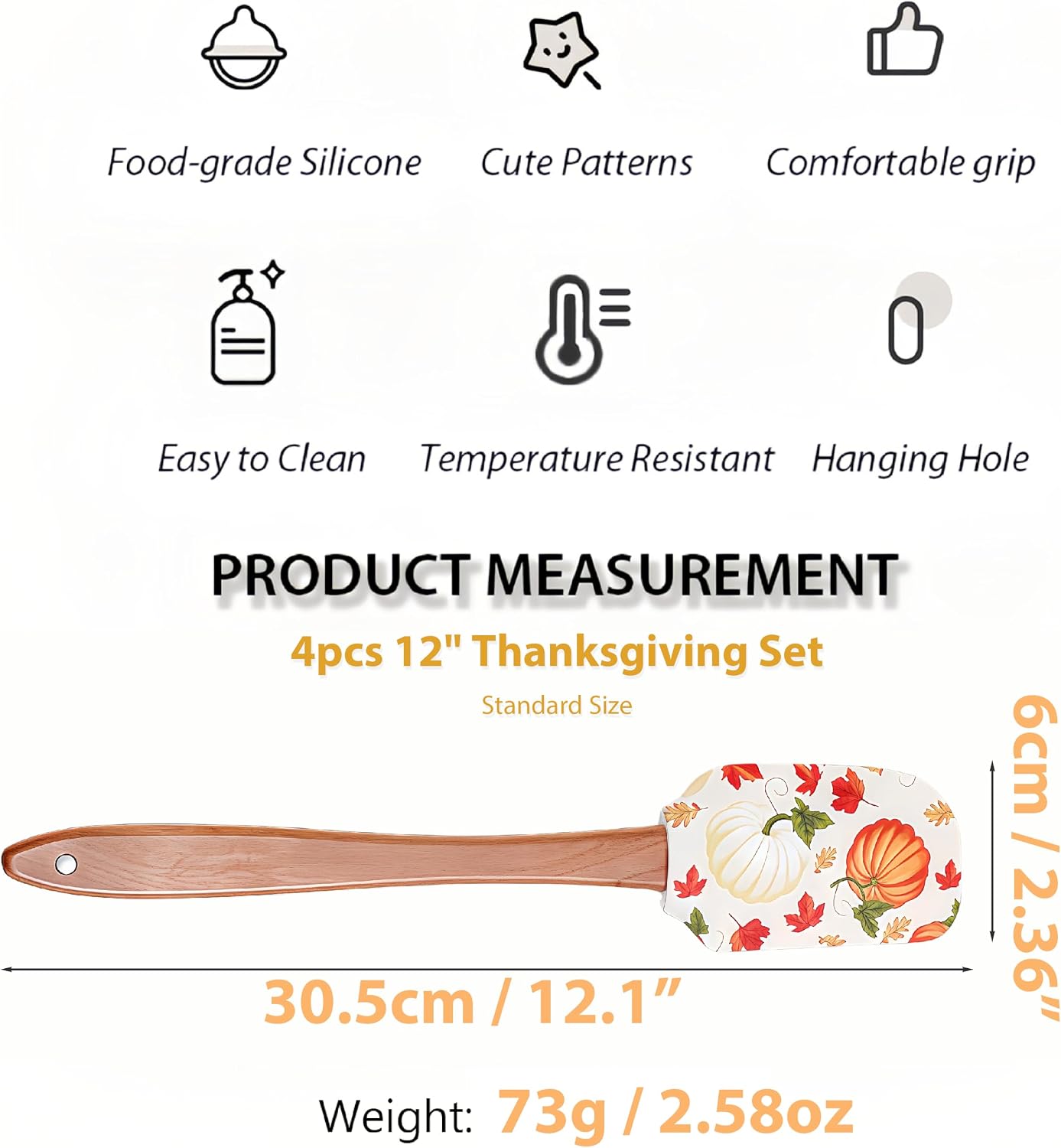 Silicone Cooking Spatula Set with Wooden Handles: Ideal for daily cake & dessert baking, perfect as holiday gifts or surprise favors for kitchen gatherings. (4pcs 12" Thanksgiving, 12 IN) image 2