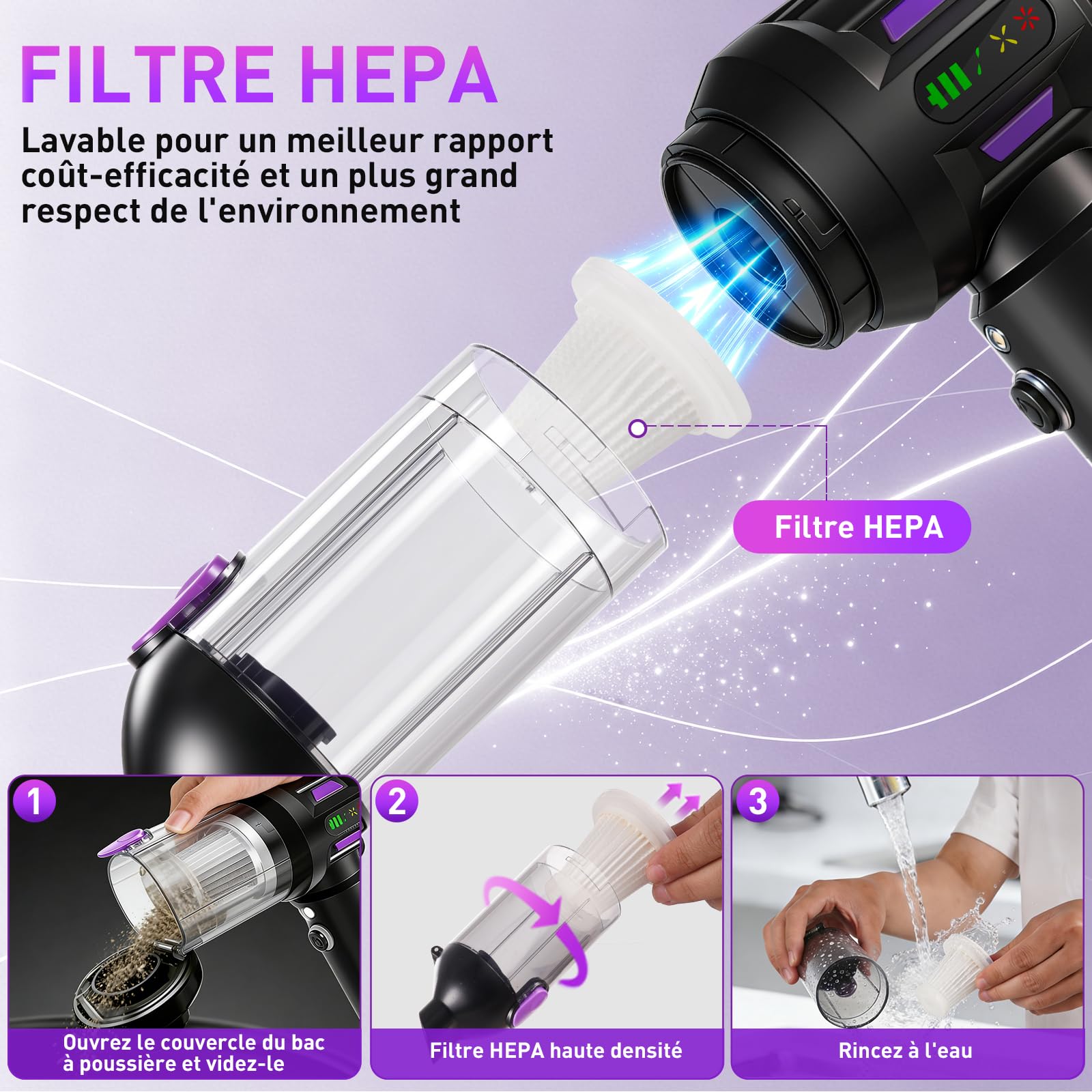 Aspirateur à Main, 22000PA Aspirateur Voiture sans Fil Puissant, 220000 TR/Min Moteur sans Balai, 4 en 1 Niveaux Réglables pour Poils d'animaux, Voiture, Maison, Violet