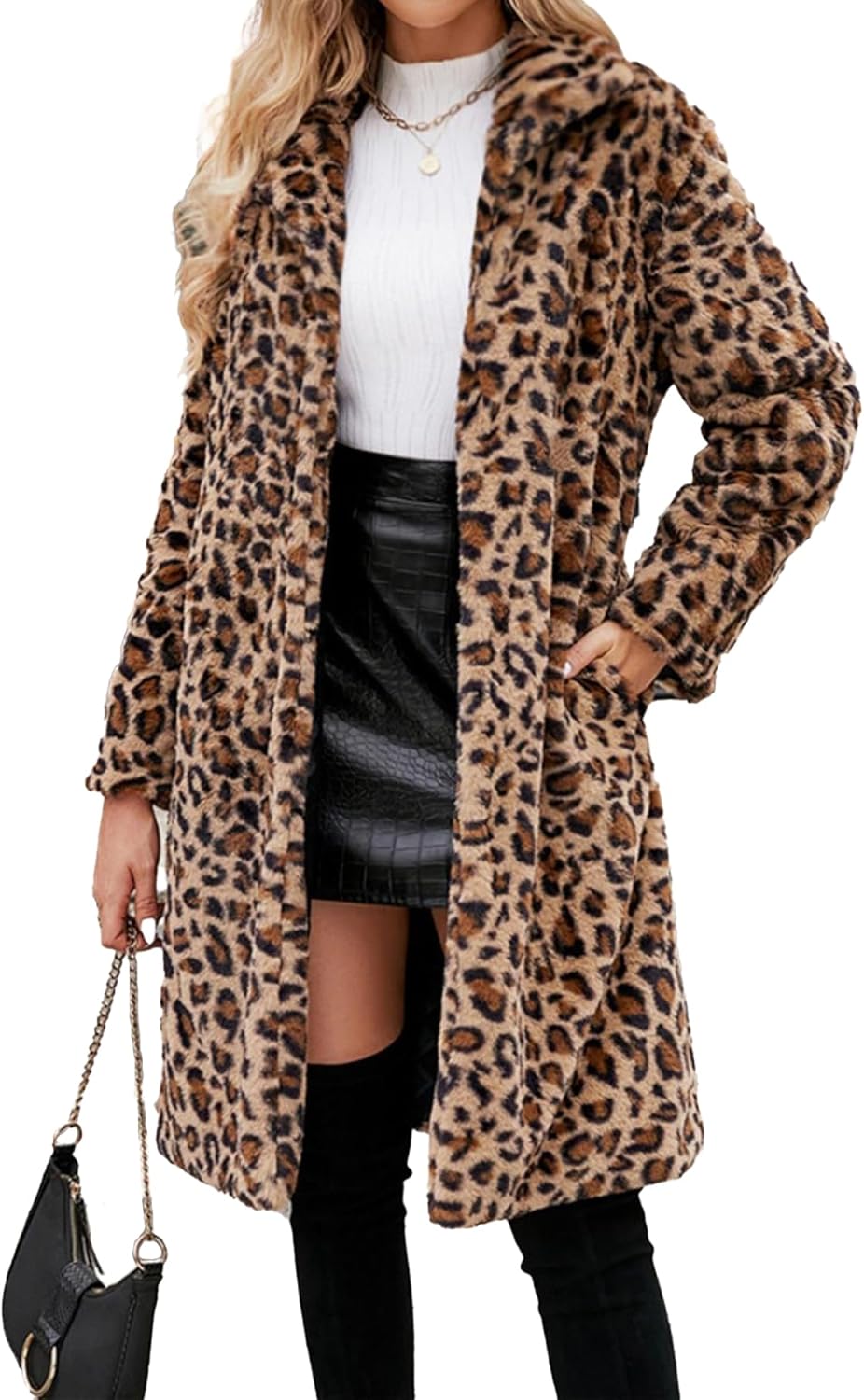 Womens Long Leopard Faux Fur Coats With Linging Winter Fall Fuzzy Fleece Outerwear Jackets With Pockets