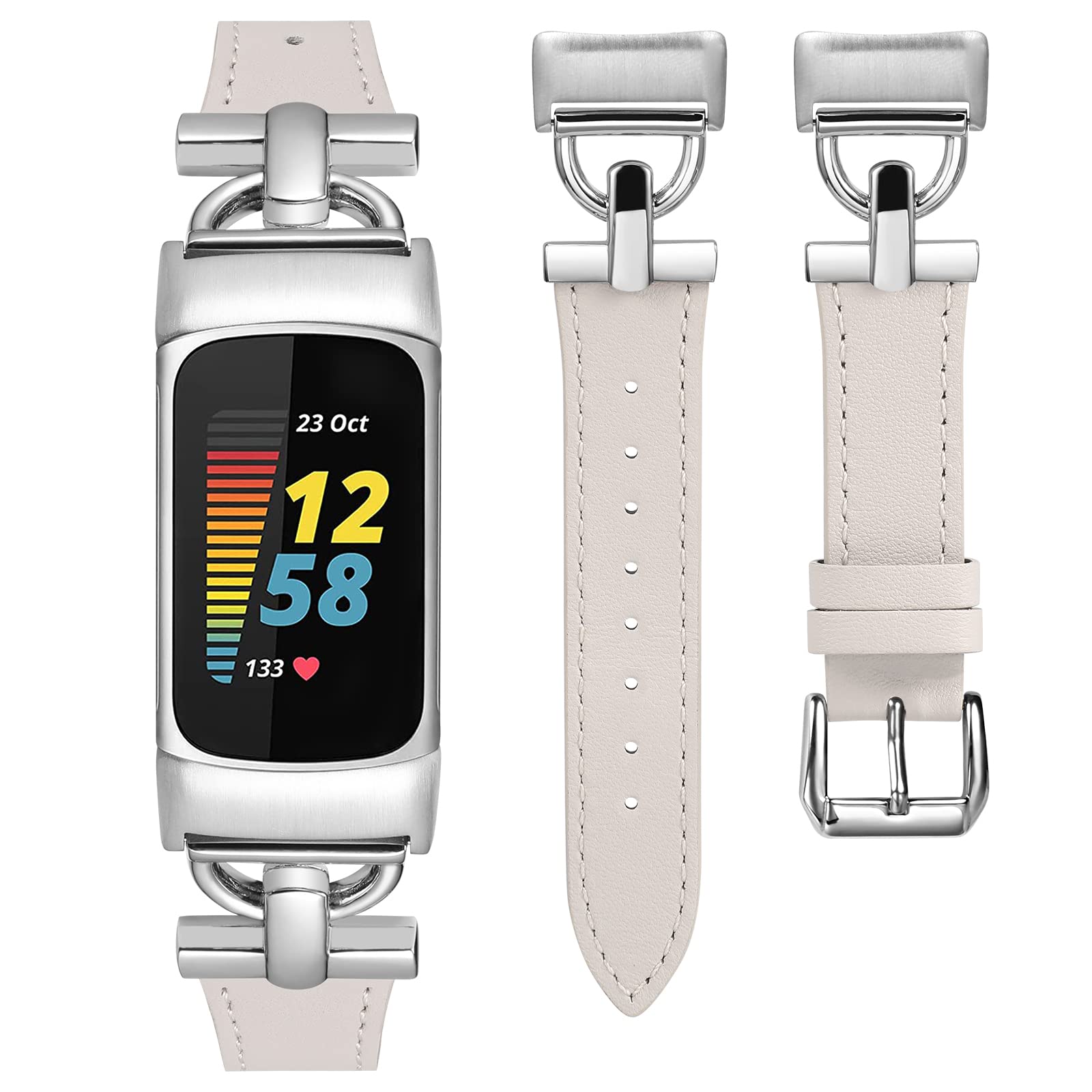 Wearlizer Leather Band Compatible with Fitbit Charge 6 Bands/Charge 5 Bands for Women, Dressy Slim Leather Strap Replacement Wristband with D-Shape