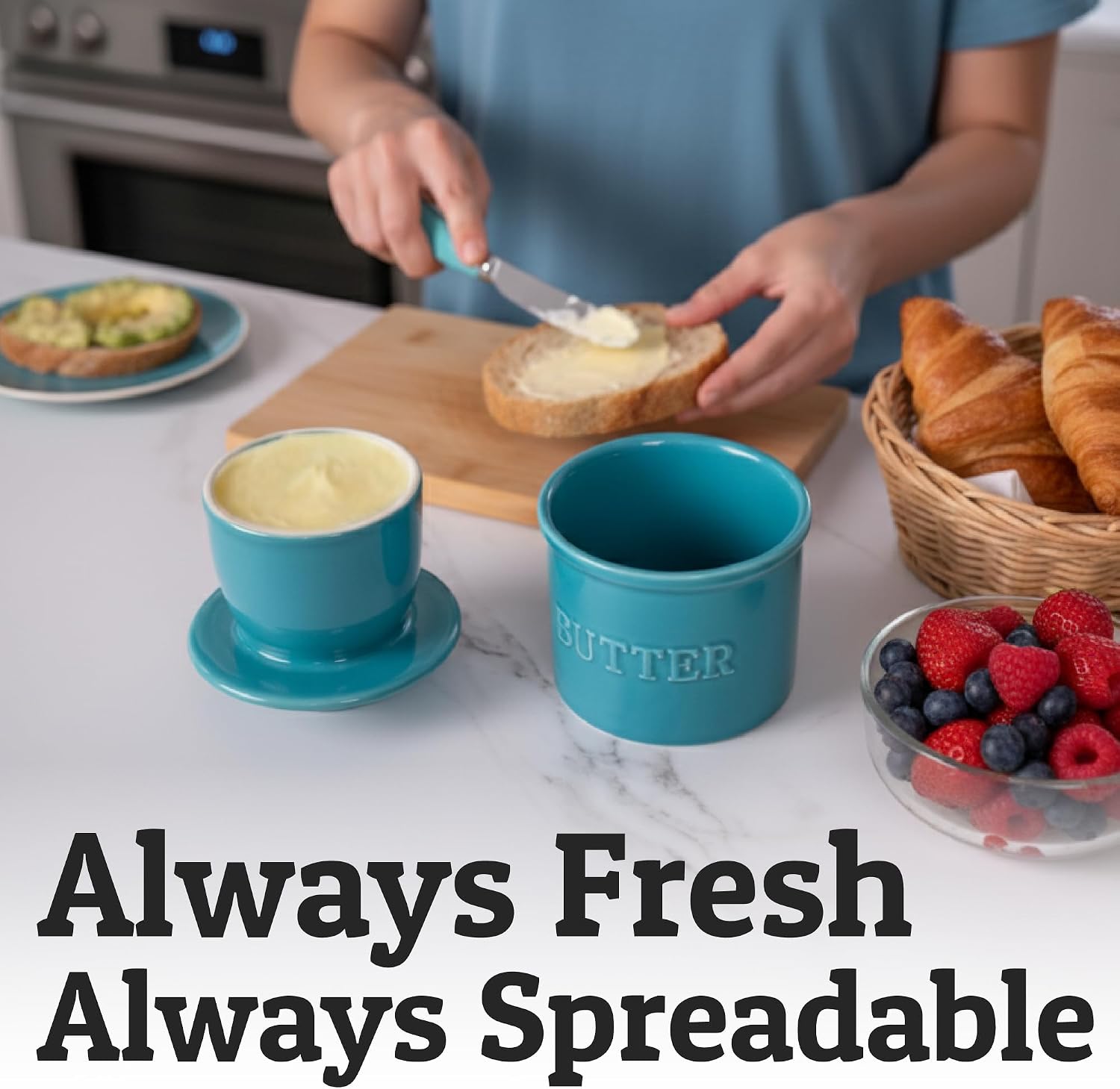 PriorityChef French Butter Crock with Lid, Keep Butter Spreadable & Fresh, Butter Keeper to Leave On Counter, French Butter Dish Perfect for Bread and Toast, Ideal Kitchen Gift, Turquoise image 4