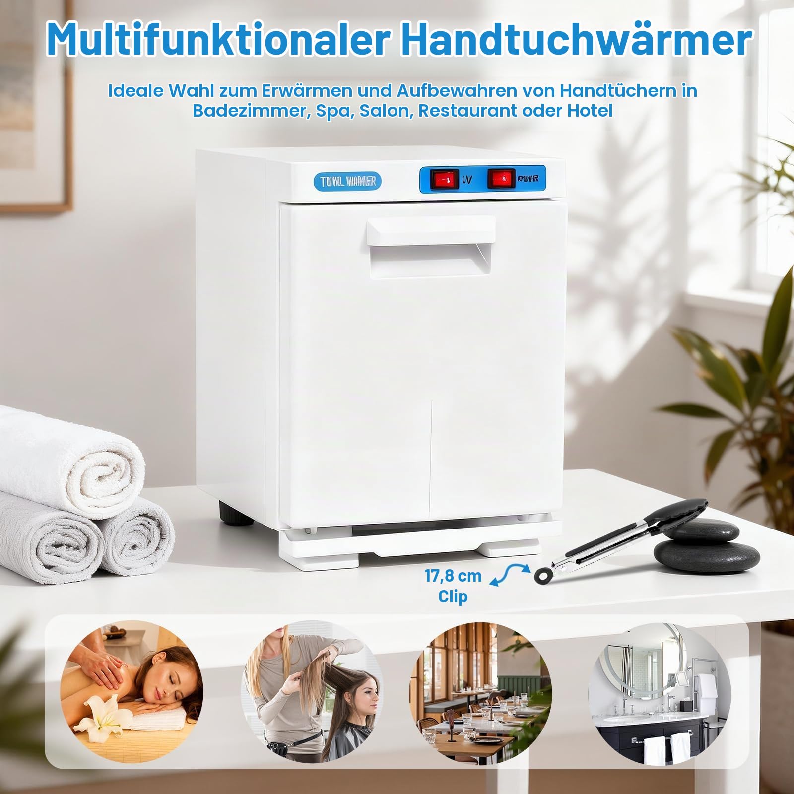 iklestar Handtuchwärmer, 5L Handtuchheizschrank mit Clip, Tragbare kleine Handtuchheizbox uv-licht sterilisator für Gesichtsbehandlungen, SPA, Schönheitssalon, Friseur, Kosmetiker, Weiß