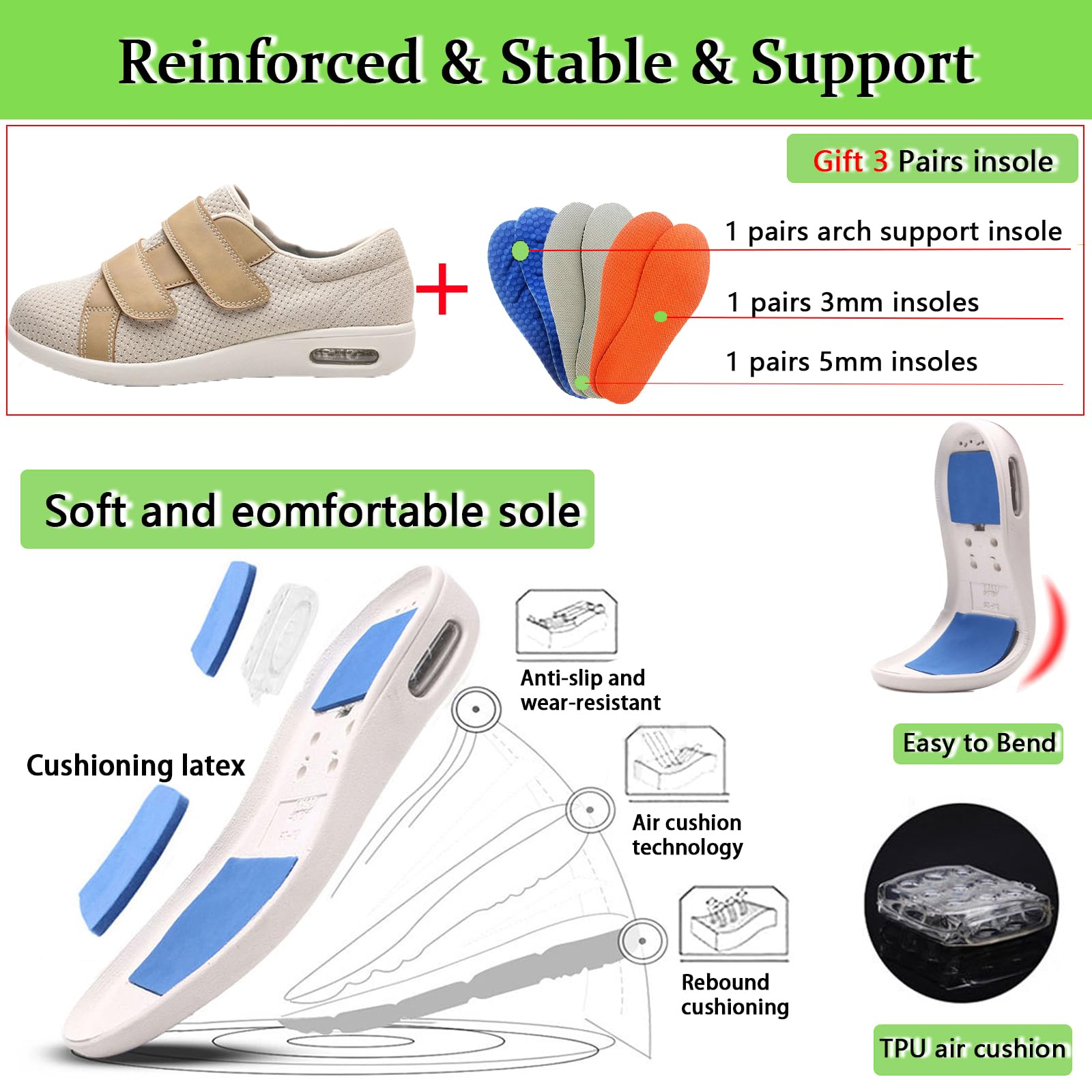 Scarpe da Ginnastica Extra Larghe, Scarpe da Passeggio per Esterni con Ampia Larghezza Regolabile, Cuscino d'Aria, Chiusure Regolabili, Scarpe da Passeggio Ortopediche,42EU