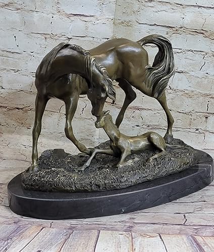EUROPEAN BRONZE Signed Bugatti Mare W/Foal Horse Bronze Sculpture Hot Cast Figurine Figure Art Gift Art Deal Handmade