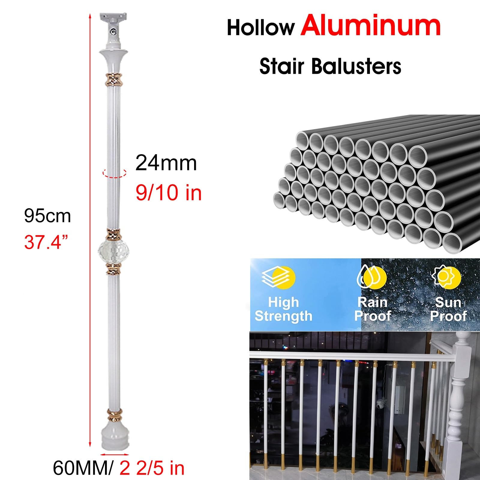 Escalera Barandilla Reemplazo De Balaustres De 95cm Para Escaleras Interiores Y Exteriores, Barandilla Hueca De Aluminio Para Escalones/ Pasamanos Con Decoración De Bolas De Cristal(White,100 Pack)