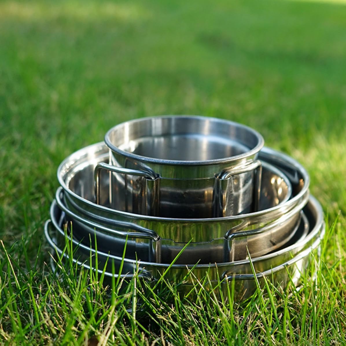 Camping Cookware Set and Small Cup 5pcs Stainless Steel with Foldable Handle Including Saucepan, Large Bowl, Small Bowl, Large Cup for Picnic and Outdoor Cooking