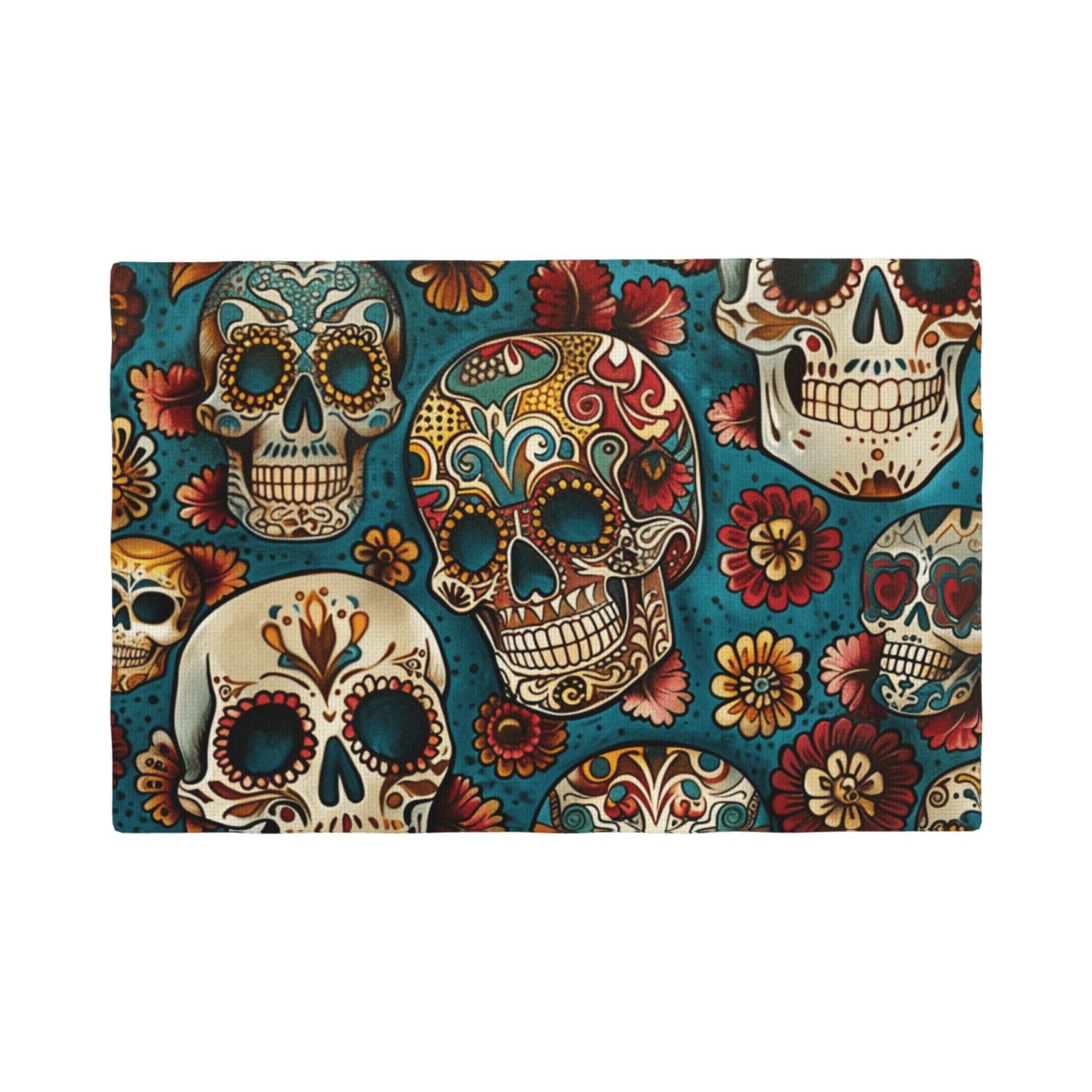 Sugar Skulls Print Print Placemats Set, Heat Resistant Washable Placemat 12x18in Table Mats for Party Kitchen Dining Table Decoration Indoor Outdoor, Six Piece