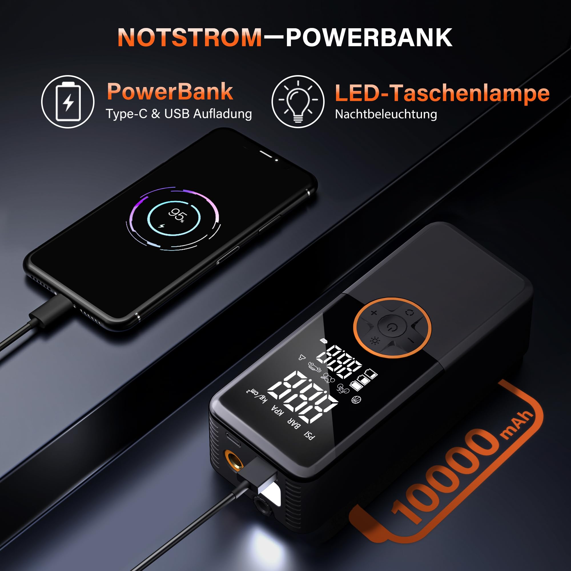Przenośna elektryczna pompka powietrza z akumulatorem 10000 mAh, 150 PSI, elektryczna pompka rowerowa z manometrem, odpowiednia do oświetlenia LED