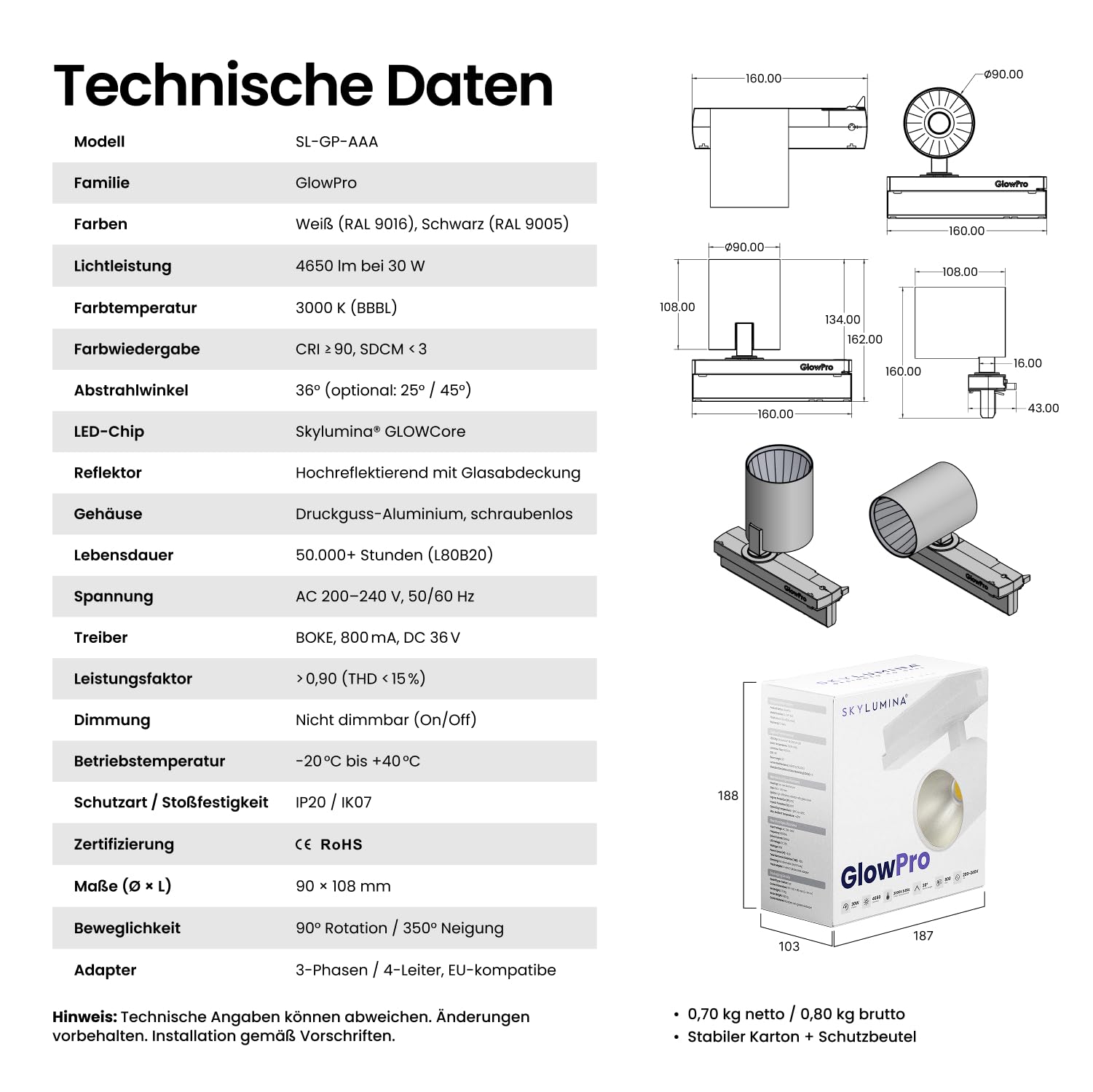 Schienenstrahler LED 30W 4650 Lumen 3000K CRI95 3 Phasen 4 Draht Brillantweiß