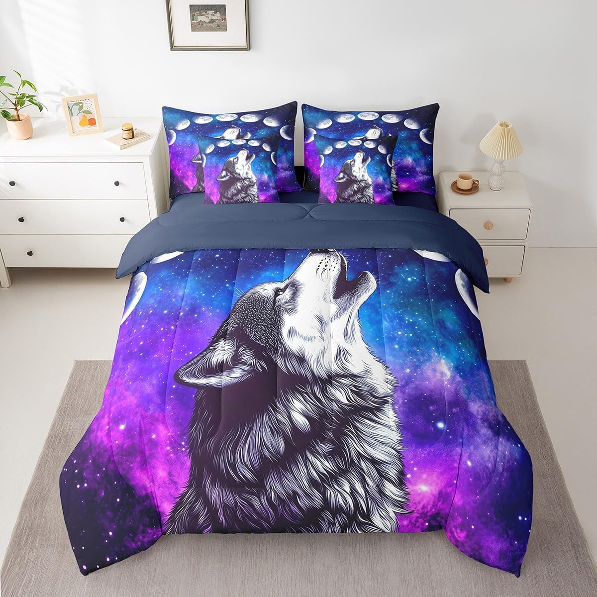 Erosebridal Howling Wolf King Size Comforter Set with Sheets,Blue Purple Starry Sky Galaxy 7 Piece Bedding Set Stars Exotic Moon Bed in a Bag,Western Wild Animal Bed Sets