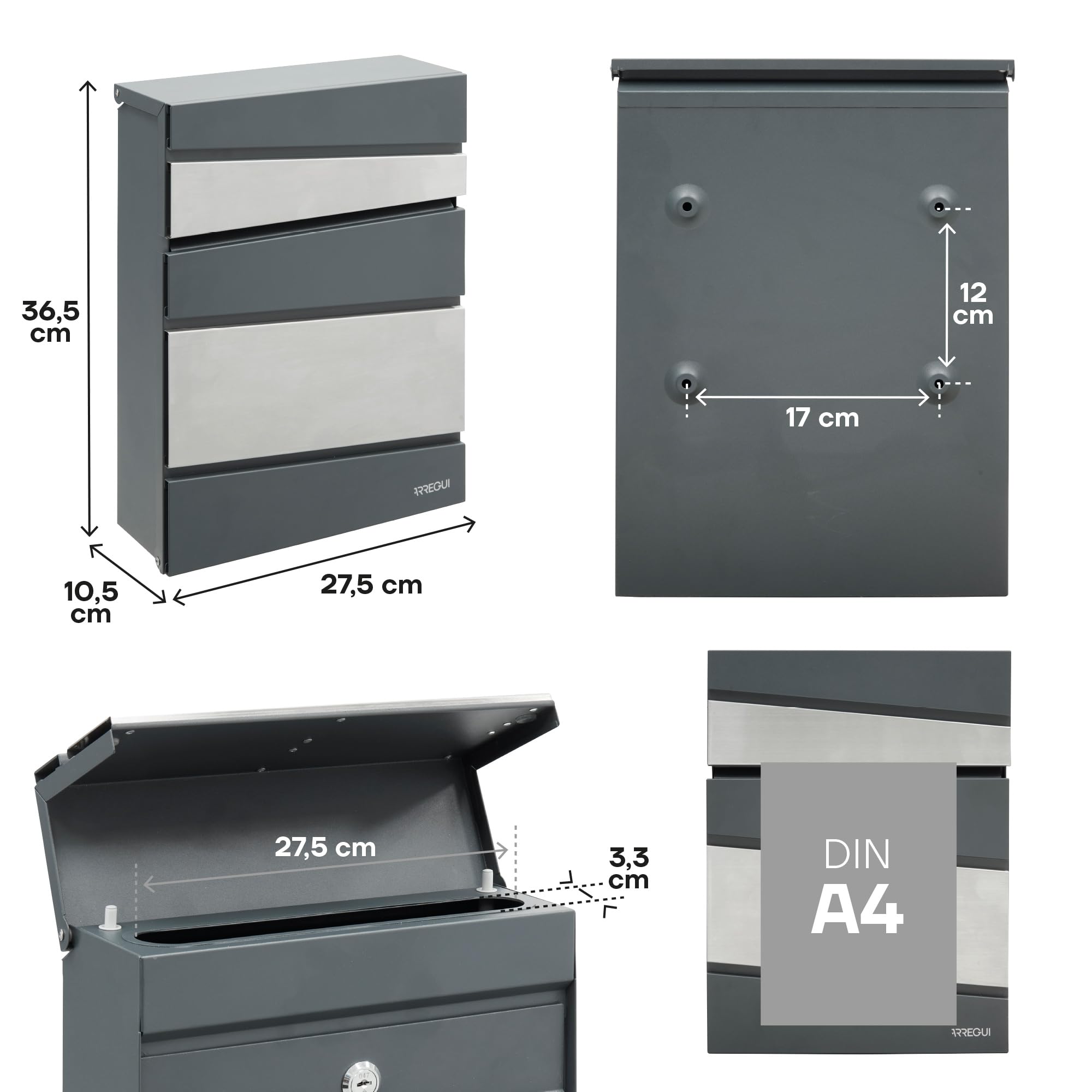 ARREGUI Flysch E6925 Buzón Exterior de Acero y Acero Inoxidable Tamaño M (Correo DIN A4 y Revistas) | Buzón de Pared Mediano | Buzón de Correo Moderno con Tapa Protectora | Antracita e INOX