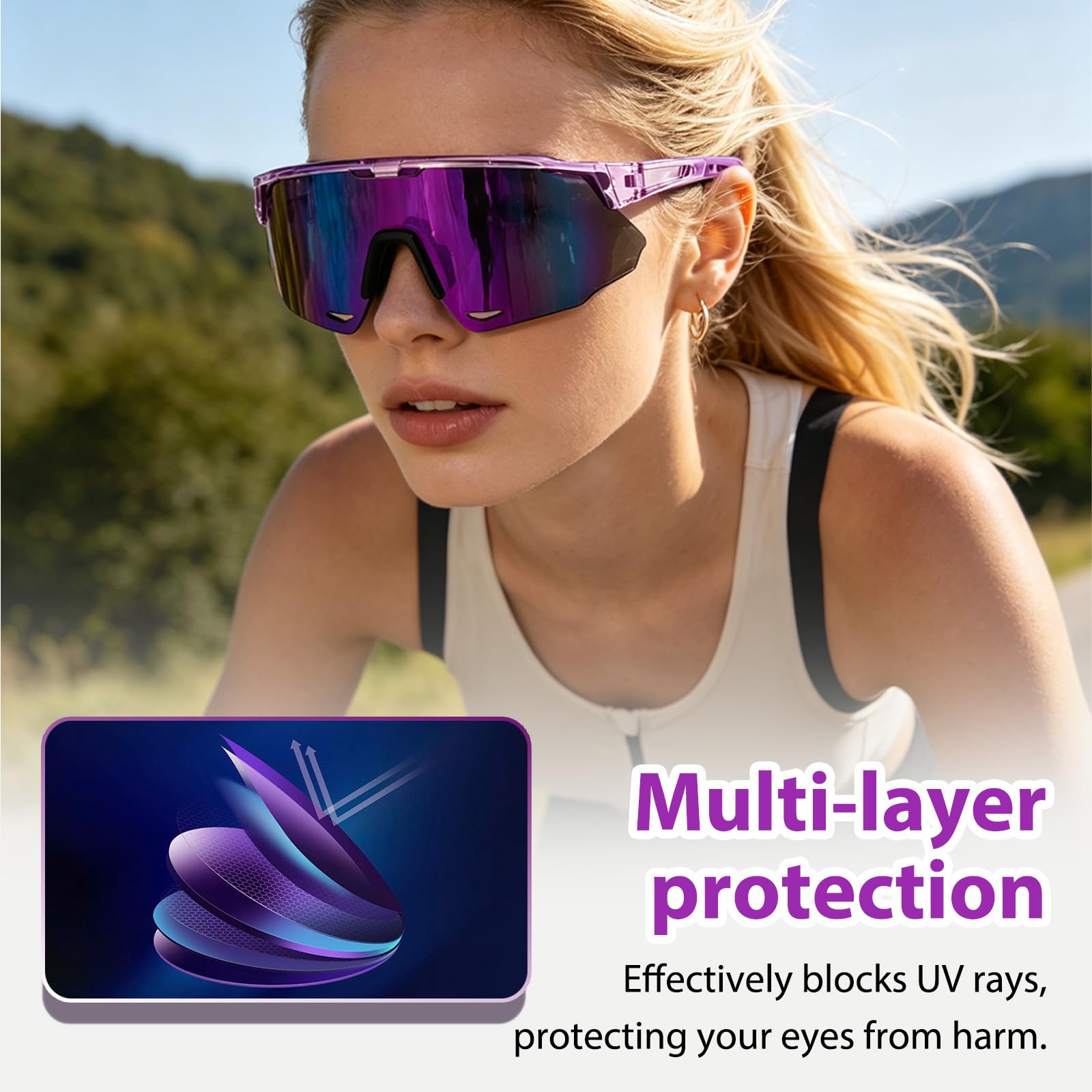 2 PCS Occhiali Ciclismo, Occhiali da Sole da Uomo Donna, Occhiali Sportivi Protezione UV Antivento Polarized Sunglasses Uomo per Attività All'aria Aperta Corsa Mountain Ciclismo, con 2 Cordino