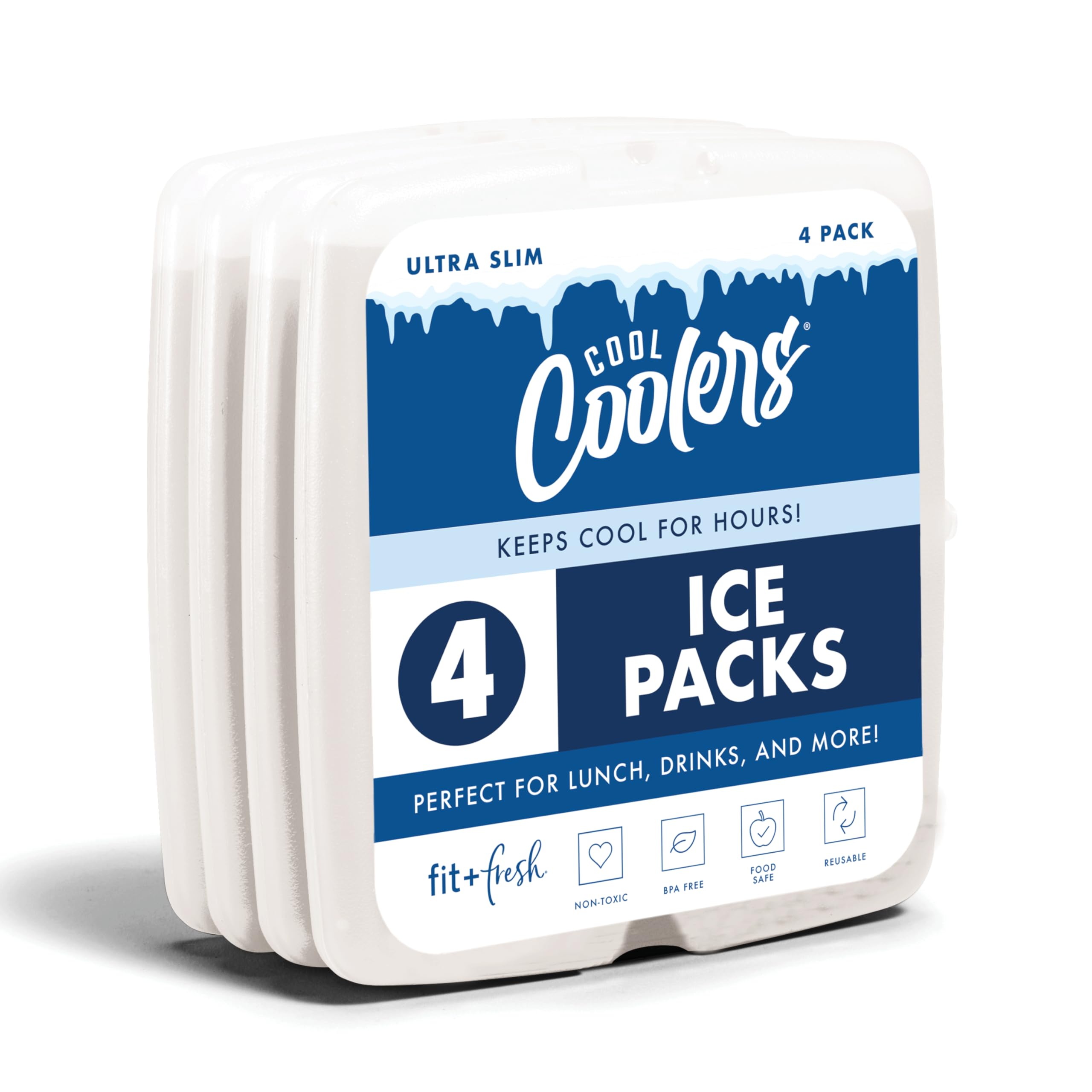 Cool Coolers by Fit & Fresh Slim Ice Packs, Quick Freeze Reusable Ice Packs for Lunch Boxes & Coolers, Long-Lasting, Space Saving Lunch Ice Packs, Blue, 4Pk Ivory (4 Pack) 4 Pack