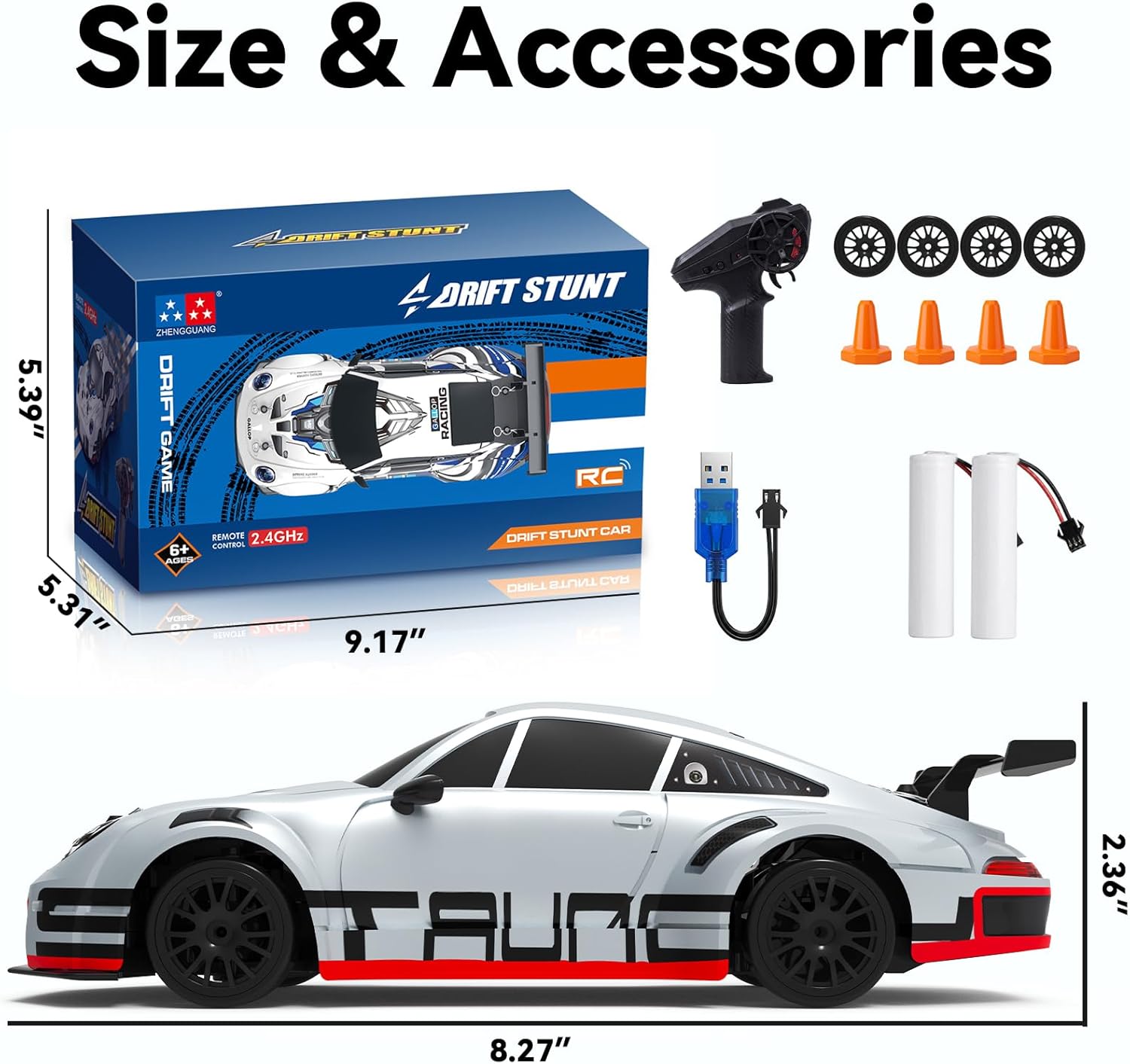 RC Drift Car, 1:24 4WD Remote Control Car with LED Lights, 2.4 GHz High Speed RC Car, Dual Batteries & Extra Drifting Tires, Racing Sport Toy for Kids Adults Boys Girls