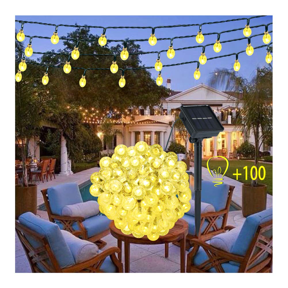 Guirnalda Luces Exterior Solar - 100 LED 12M Cadena de Bola Cristal Luz,Guirnalda Solar Bola de Cristal Luces Decoracion Solar Bola para Navidad Terraza Hogar Jardín Arboles Patio Bodas(Blanco cálido)