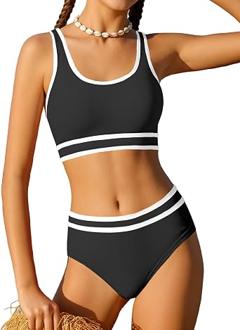 Girls Swimsuit Double Strap High Waist Sporty Bikini Swimsuits Swim Cover Up Skirt 3 Piece Set