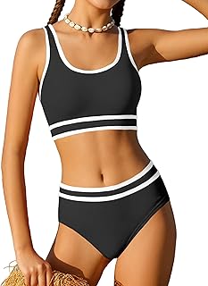 Girls Swimsuit Double Strap High Waist Sporty Bikini Swimsuits Swim Cover Up Skirt 3