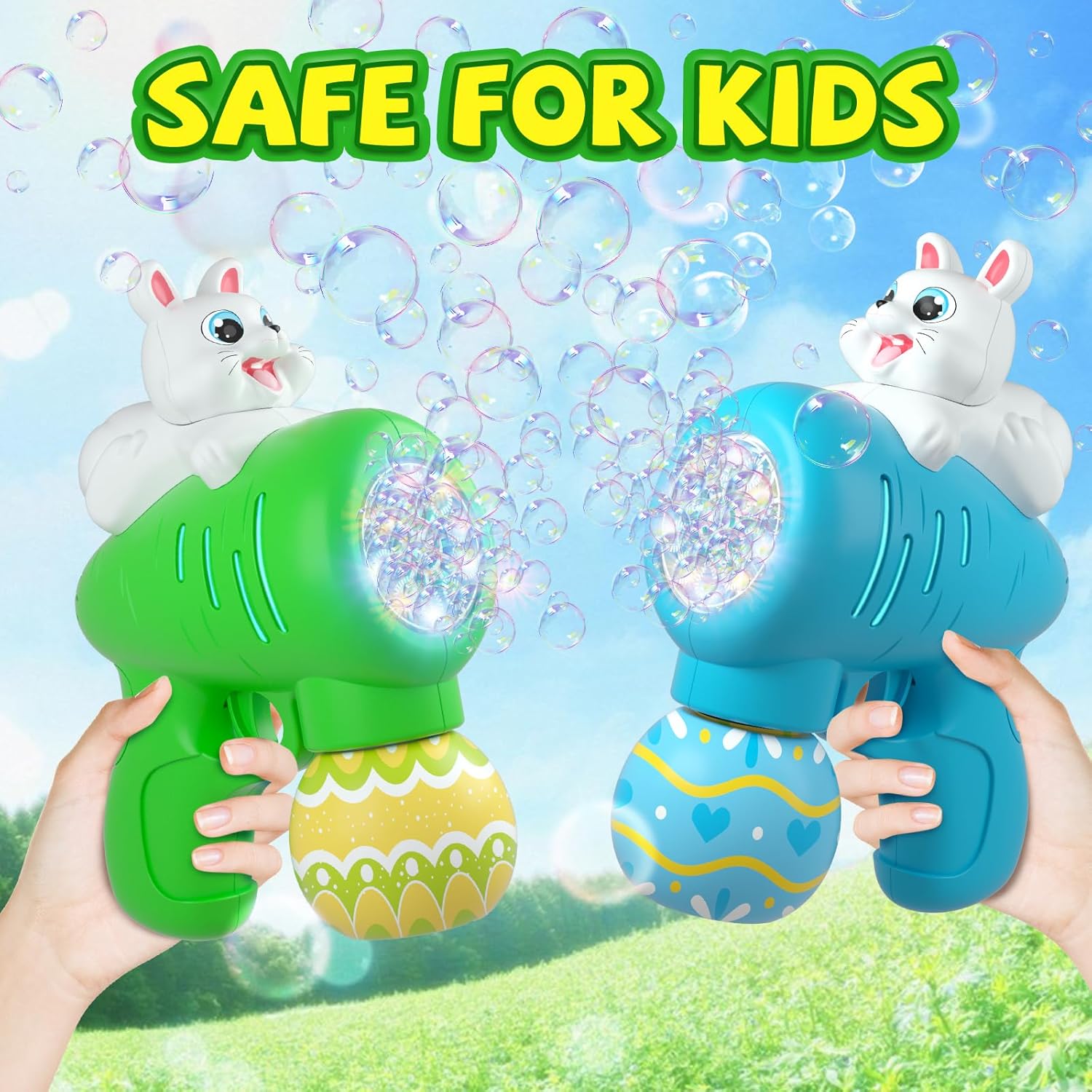 2PAck Easter Bubble for Kids, Easter Toys for Kids, Easter Bubble Machine for Easter Basket Stuffer, Easter Toy Gifts for Kids, Light Up Easter Bubble Maker with 4 Bubble Solution
