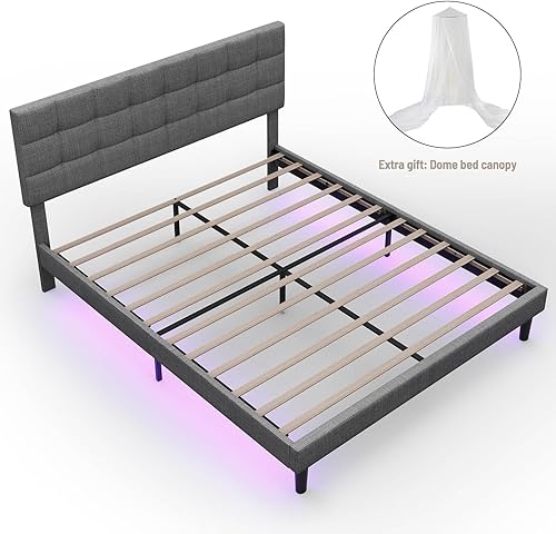 Miniatura 7 de Base de cama moderna de plataforma tapizada de tamaño Queen, marco de cama de lino con luces, cabecera ajustable con costuras cuadradas, sistema de