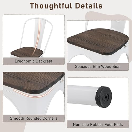 Miniatura 8 de COSTWAY Tolix - Sillas de comedor estilo industrial, apilables, de metal, con asiento de madera, juego de 4 (color blanco y marrón) Blanco y