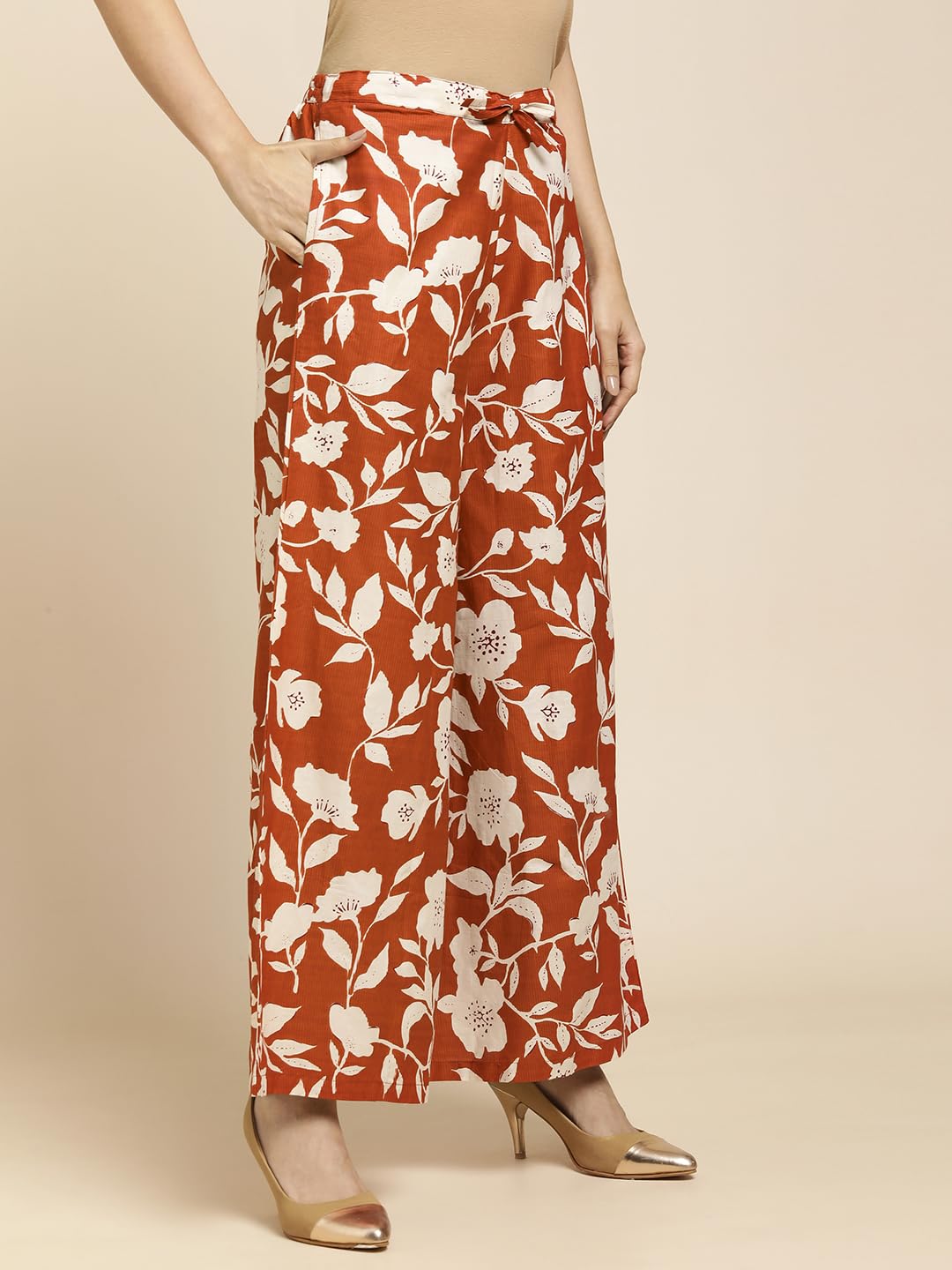 RATAN Women's Cotton Mid Rise Printed Loose Fit Flared Wide Leg Palazzo Pants (CFP-Rust-Large) - Image 5 thumbnail